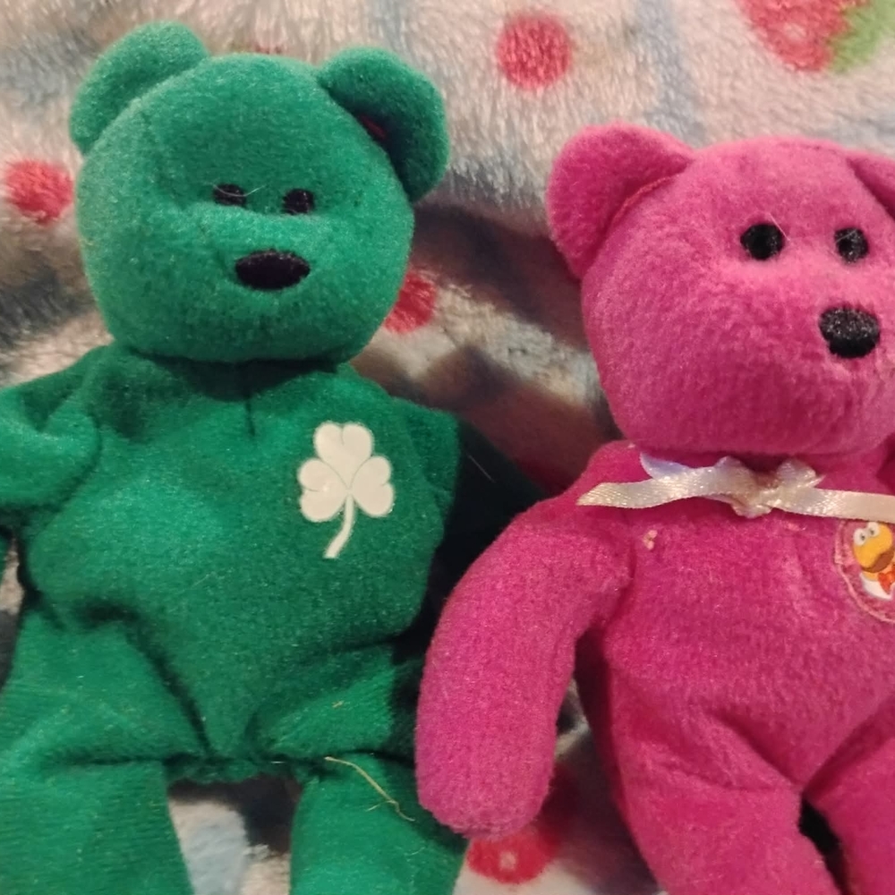 Ty Green and Pink Plush Bear Duo
